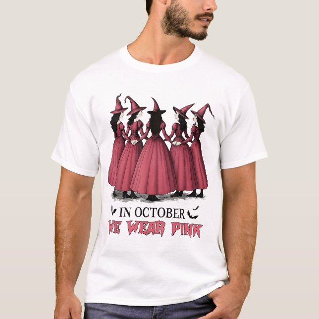 Im Oktober tragen wir rosa Rosa-Hexenbrust T-Shirt (Vorderseite)