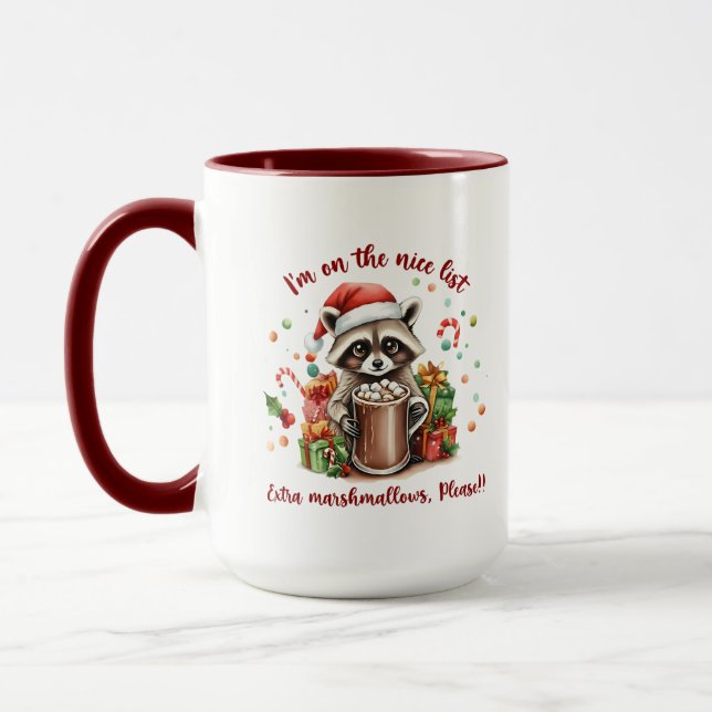 "I'm On The Nice List" Raccoon Christmas Tasse (Links)