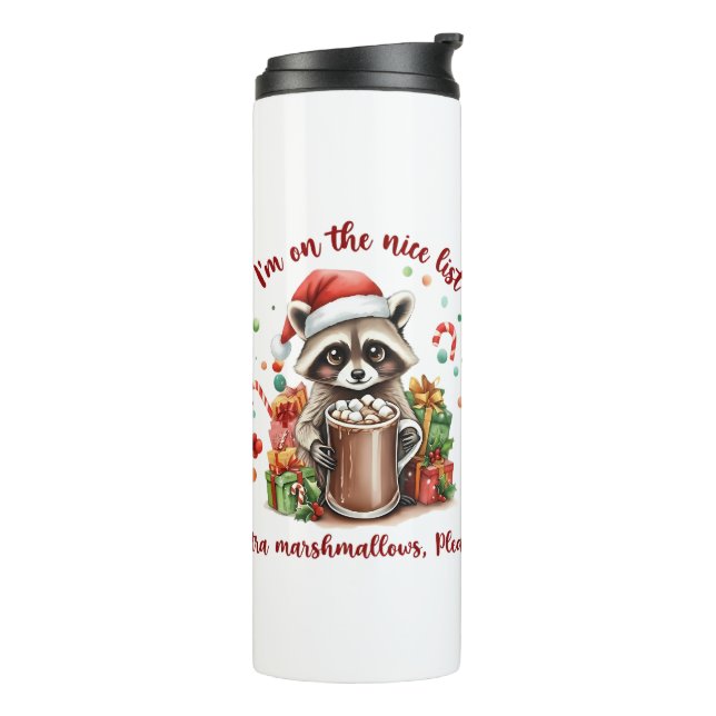 "I'm On The Nice List" Raccoon Christmas Thermosbecher (Nach links gedreht)