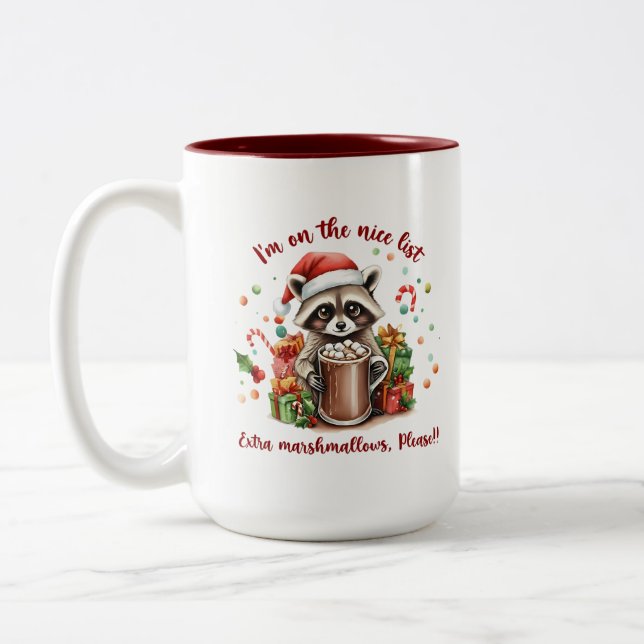 "I'm On The Nice List" Raccoon Christmas Zweifarbige Tasse (Links)