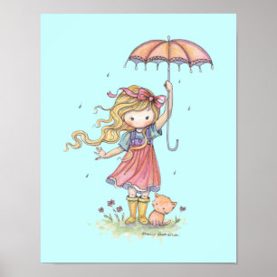 Im Rain Little Girl and Kitten Kinderzimmer Kunst Poster