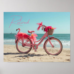 Im Ruhestand stehendes süßes rosa Flamingo-Fahrrad Poster