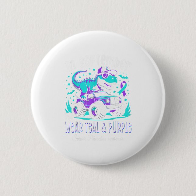 Im September tragen wir Aquamarine und Lila T-Rex  Button (Vorderseite)