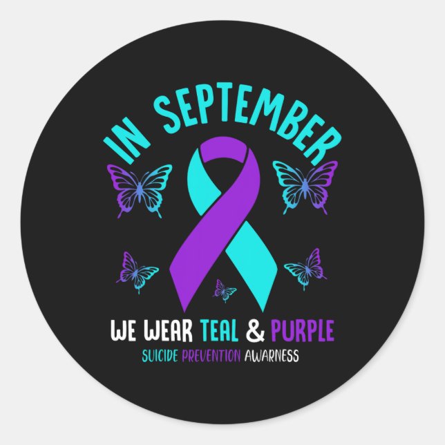 Im September tragen wir Aquamarinen Lila Ribbon-Su Runder Aufkleber (Vorderseite)