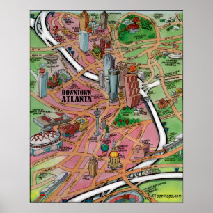 Im Stadtzentrum gelegene Cartoon-Karte Atlantas Poster