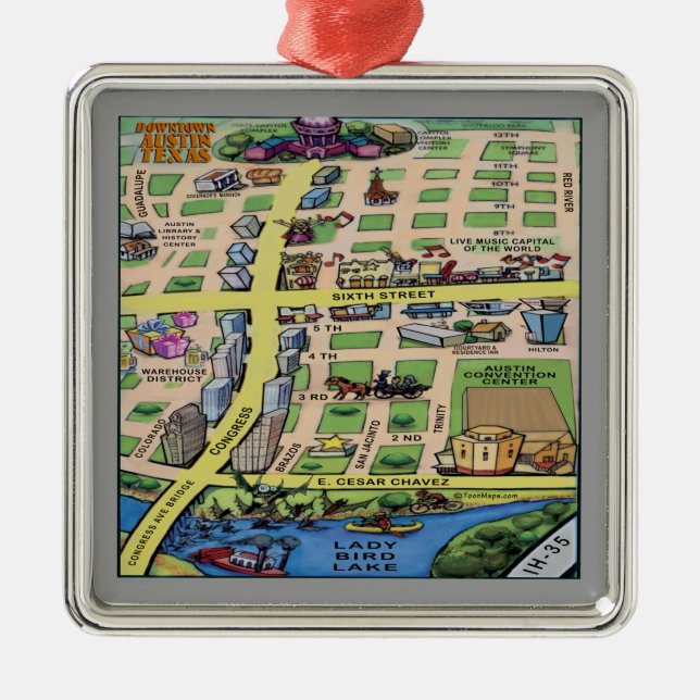 Im Stadtzentrum gelegene Cartoon-Karte Austins Silbernes Ornament (Vorne)