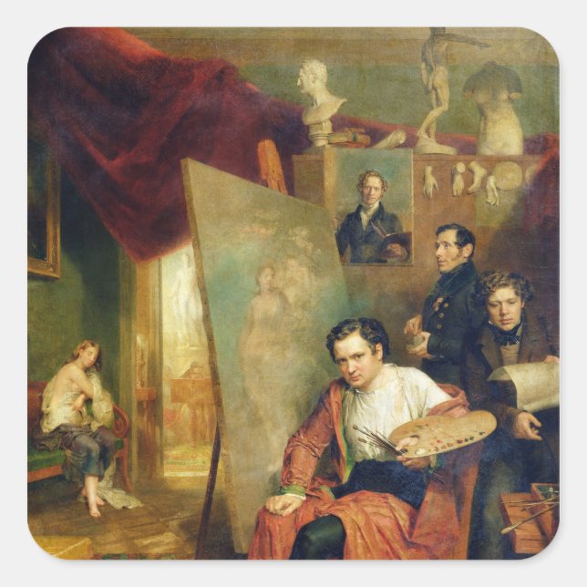 Im Studio des Malers, 1832 Quadratischer Aufkleber (Vorderseite)