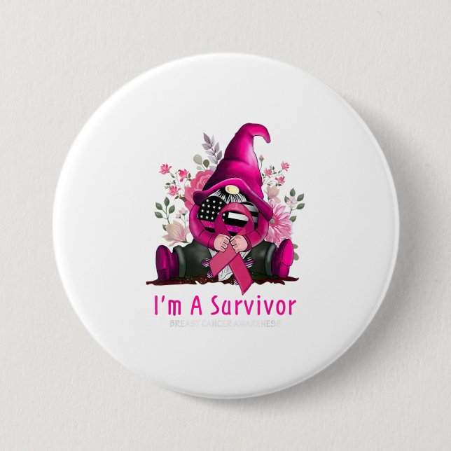 Im Überlebende Gnome Pink Ribbon Breast Cancer A Button (Vorderseite)