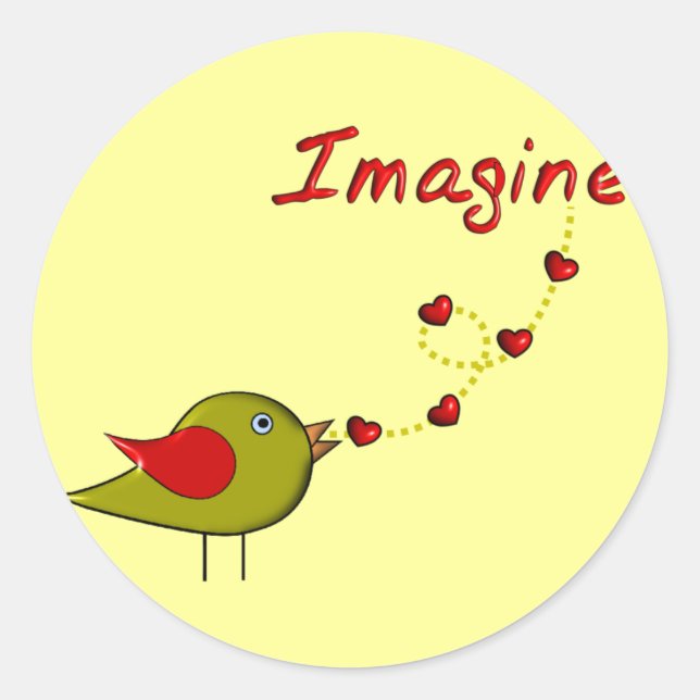 "Imagine" Bird and Hearts Design Runder Aufkleber (Vorderseite)