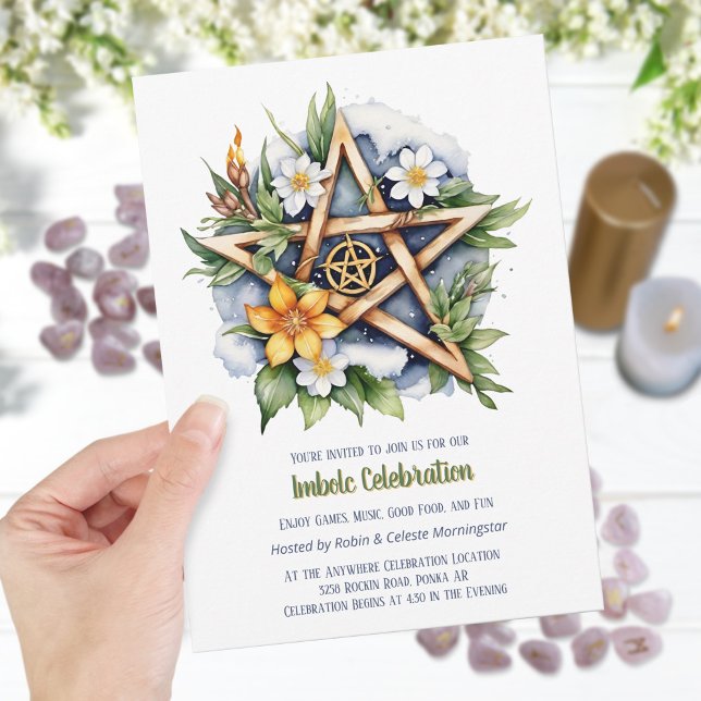 Imboli Floral Snowy Pentagramm Wiccan Holiday Einladung (Imbolc Floral Snowy Pentacle Wiccan Holiday Invitation)