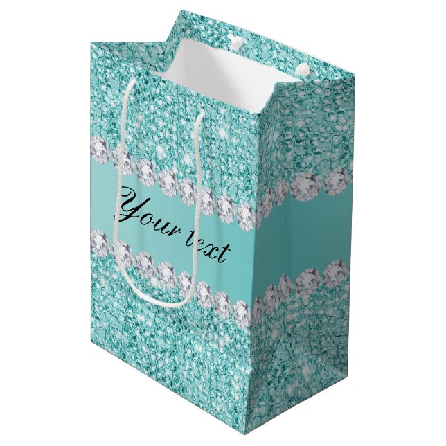 Imitat-aquamarine Sequins und Diamanten Mittlere Geschenktüte (Vorderseite Schrägansicht)