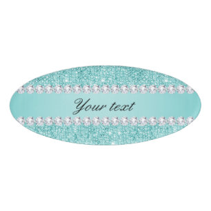 Imitat-aquamarine Sequins und Diamanten Namenschild