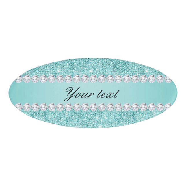Imitat-aquamarine Sequins und Diamanten Namenschild (Vorderseite)