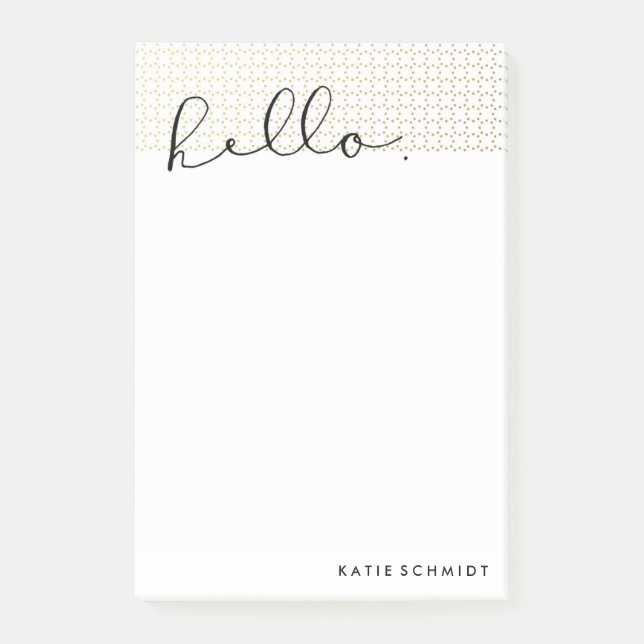 Imitat-Goldpunkte mit "hallo" in der schwarzen Post-it Klebezettel (Vorderseite)