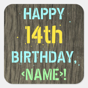 Imitat-Holz, gemalter Text-Blick, 14. Geburtstag + Quadratischer Aufkleber