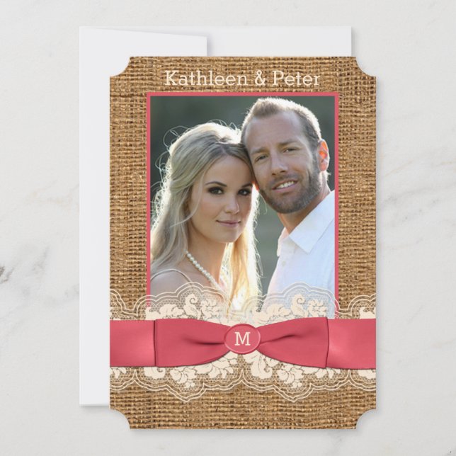 IMITAT Leinwand, Spitze, Bogen FOTO Hochzeit lädt Einladung (Vorderseite)