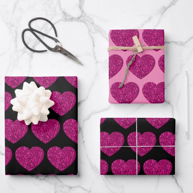 Imitat mit rosa Herzklopfen Glitzer Glitzern schwa Geschenkpapier Set (Vorderseite)