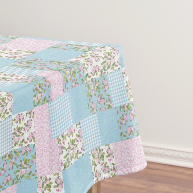 Imitat-Patchwork, Rosa, blaue Apple-Blüten-Muster Tischdecke (Beispiel)