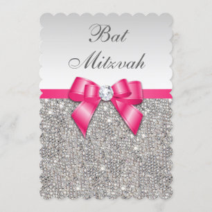 Imitat Silber Sequins Hot Pink Bow Bat Mitzvah Einladung