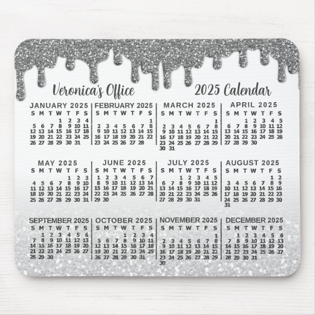 Imitate 2025 Jahre Kalender Silver Glitzer Tropfen Mousepad (Vorne)