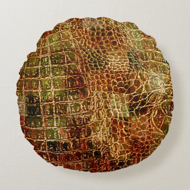 Imitate Alligator Animal Skin Leather Red Brown Rundes Kissen (Vorderseite)