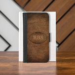 Imitate Alte Welt Vignette Ledermonogramm iPhone 8/7 Geldbeutel-Hülle<br><div class="desc">Land,  braun,  rustikal aussehende Imitate gegerbt Leder Hintergrund mit dunkleren,  Vignettenkanten. Kein echtes Leder! Oval-Tag ist auch mit dem gleichen Leder-Foto mit einem Imitat geheftet aussehen. Passen Sie die Monogramminitialen an!</div>