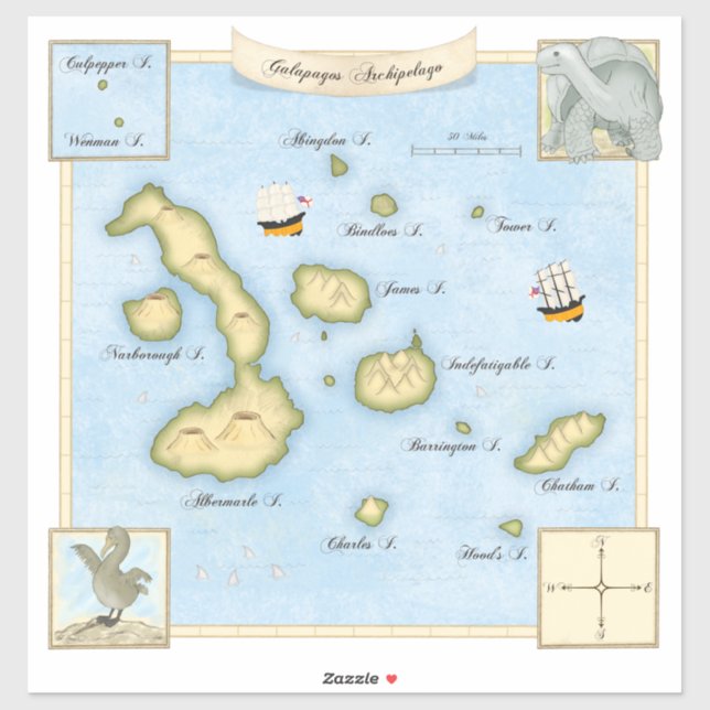 Imitate Antike Galapagos Archipel Karte mit Schiff Aufkleber (Blatt)