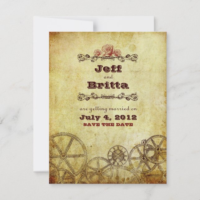 Imitate Antique Gold Viktorianisch Steampunk Hochz Save The Date (Vorderseite)
