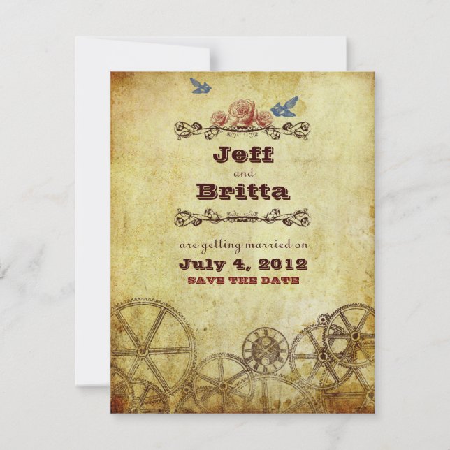 Imitate Antique Gold Viktorianisch Steampunk Hochz Save The Date (Vorderseite)