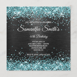 Imitate Aqua Glitzer und Black Foil 40. Geburtstag Einladung