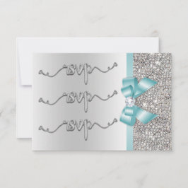 Imitate Aquamarin Bow Silver Sequins UAWG Wedding RSVP Karte