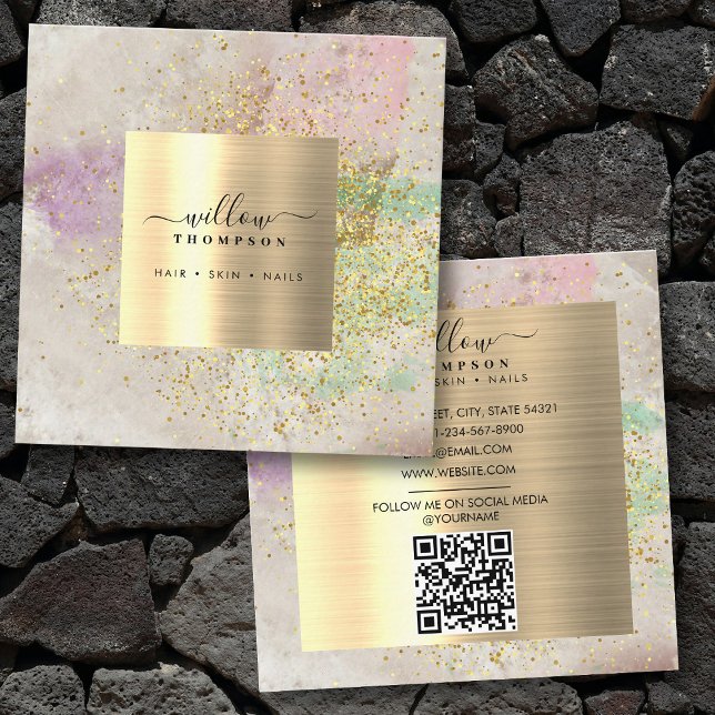 Imitate aus Naturstein für Aquarellfarben Gold Gli Quadratische Visitenkarte (Watercolor Natural Stone Faux Gold Glitter QR Code Square Business Card)