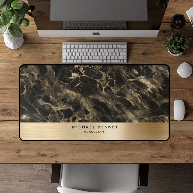 Imitate aus schwarzem Marmor Gold Metallgeschäft Schreibtischunterlage (Black Marble Faux Gold Metallic Business Desk Mat)