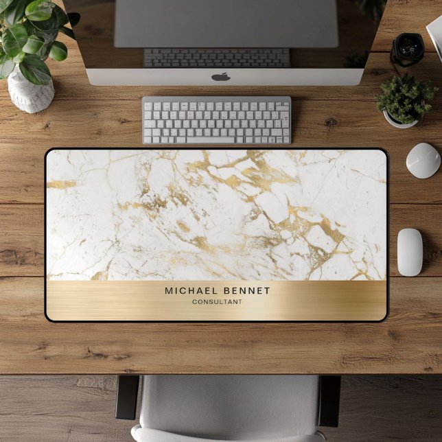 Imitate aus weißem Marmor Gold Metallgeschäft Schreibtischunterlage (White Marble Faux Gold Metallic Business Desk Mat)