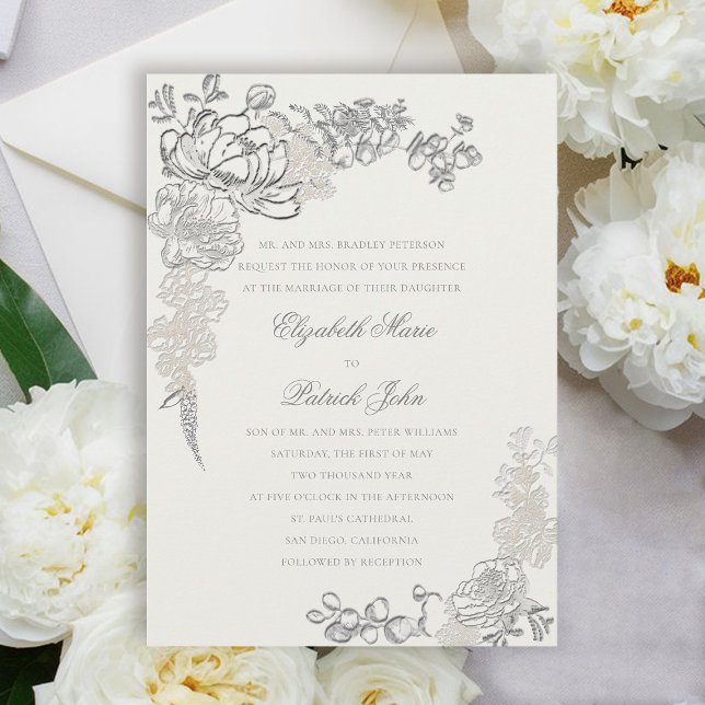 Imitate bestickt Peonies formale Perlenhochzeit Einladung (peony wedding invitation floral frame formal traditional elegant calligraphy modern classic pearl)