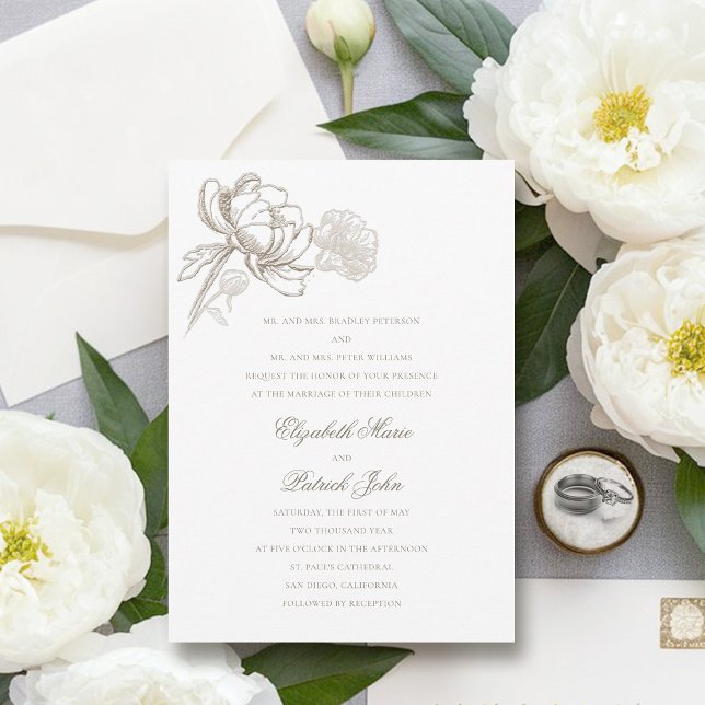 Imitate bestiegen Peonies Formal Elternteile Gastg Einladung (peony wedding invitation formal traditional elegant calligraphy modern classic parents host)