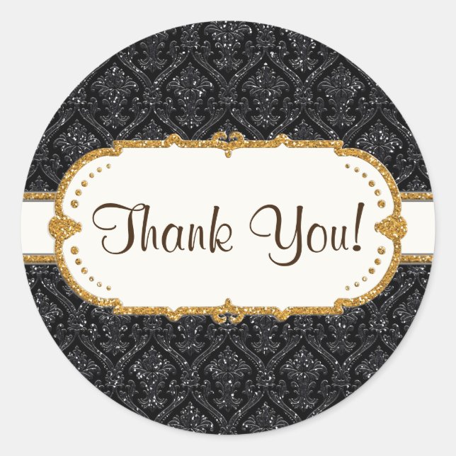 Imitate Black Gold Glitzer Damask Hochzeitsgeschic Runder Aufkleber (Vorderseite)