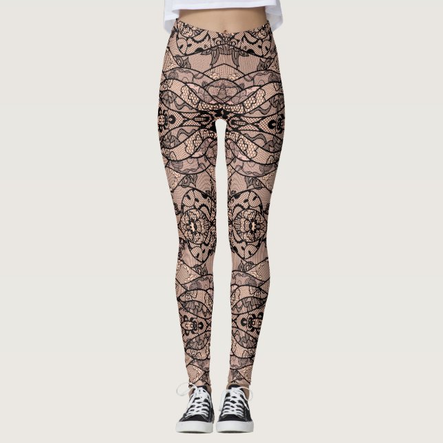 Imitate Black Lace Fishnet Leggings mit Blume (Vorderseite)