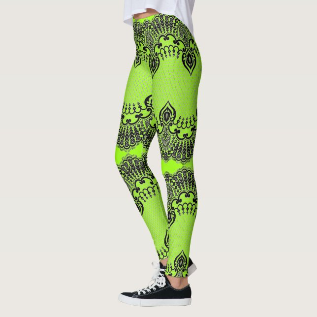 Imitate Black Lace Fishnet Leggings Neon Green Col (Links)