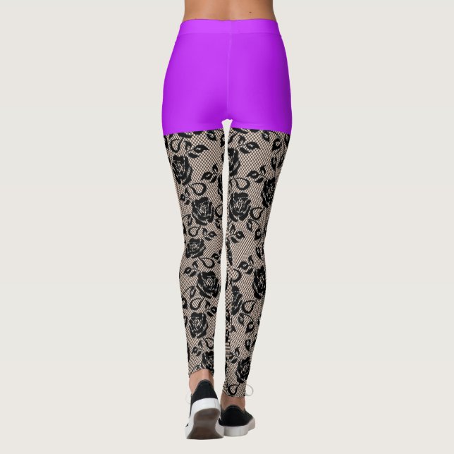 Imitate Black Lace Fishnet mit Lila Kurzen Legging Leggings (Rückseite)