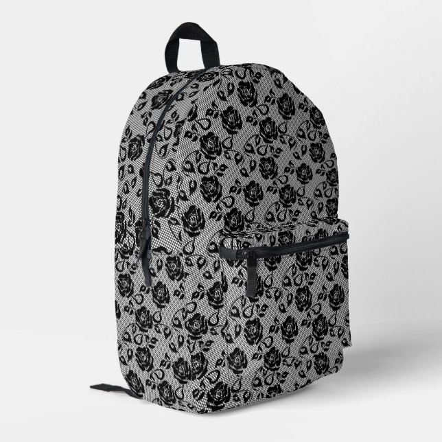 Imitate Black Lace Rose Fishnet Backpack Bedruckter Rucksack (Rückseitige Ecke links)