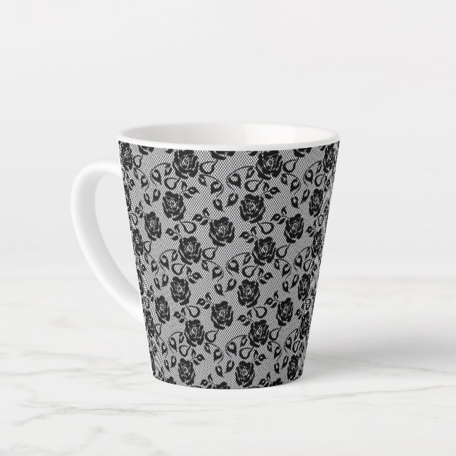 Imitate Black Lace Rose Fishnet Latte Tasse (Linke Ecke)