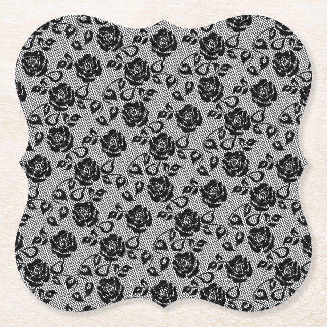 Imitate Black Lace Rose Fishnet Paper Untersetzer (Vorderseite)
