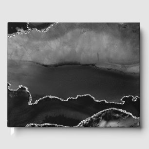 Imitate Black Marbled Agate Elegante Silver Glitze Gästebuch