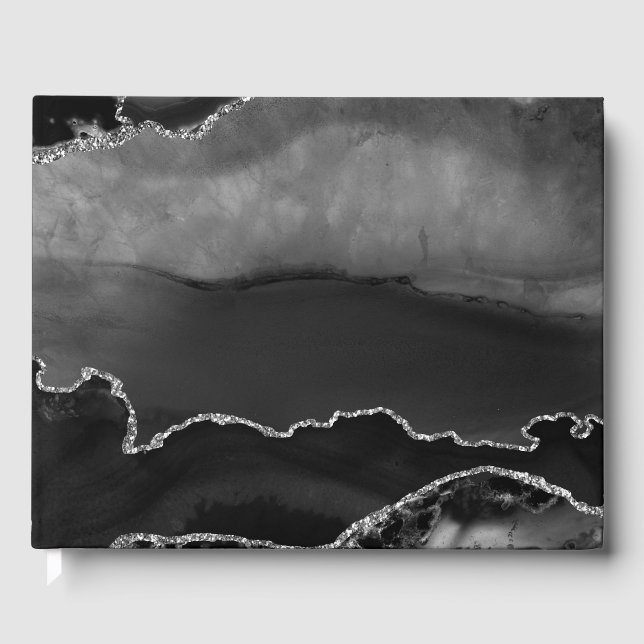 Imitate Black Marbled Agate Elegante Silver Glitze Gästebuch (Vorderseite)