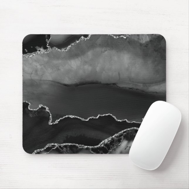 Imitate Black Marbled Agate Elegante Silver Glitze Mousepad (Mit Mouse)