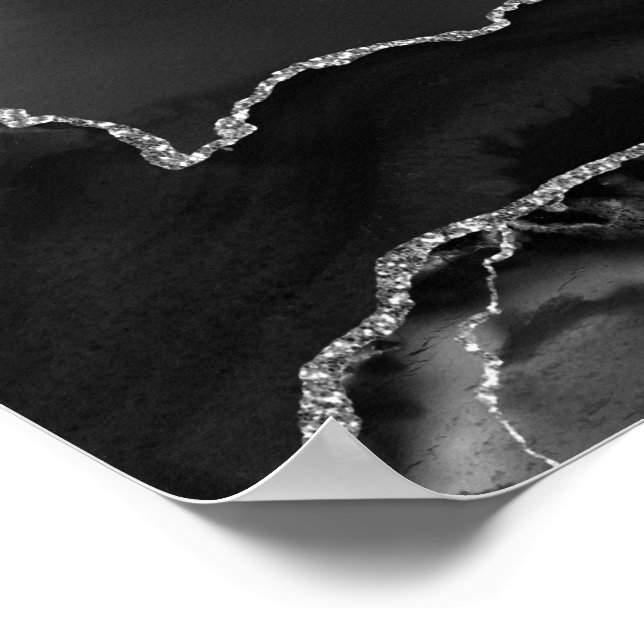 Imitate Black Marbled Agate Elegante Silver Glitze Poster (Ecke)