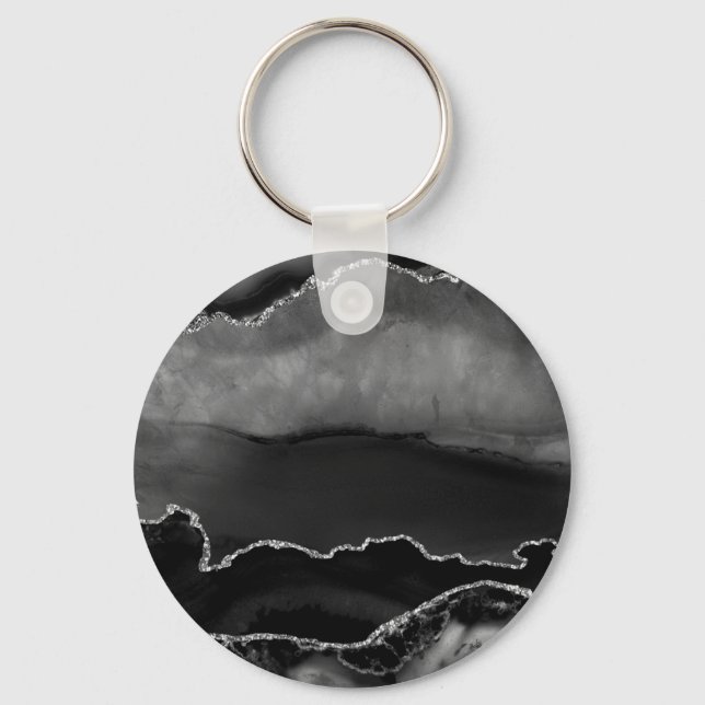 Imitate Black Marbled Agate Elegante Silver Glitze Schlüsselanhänger (Vorderseite)