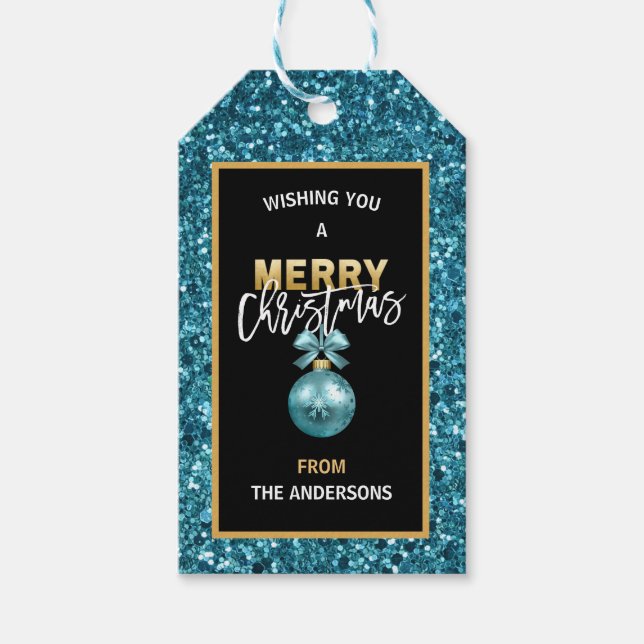 Imitate Blue Glitzer Frohe Weihnachten Gold Bauble Geschenkanhänger (Vorderseite)