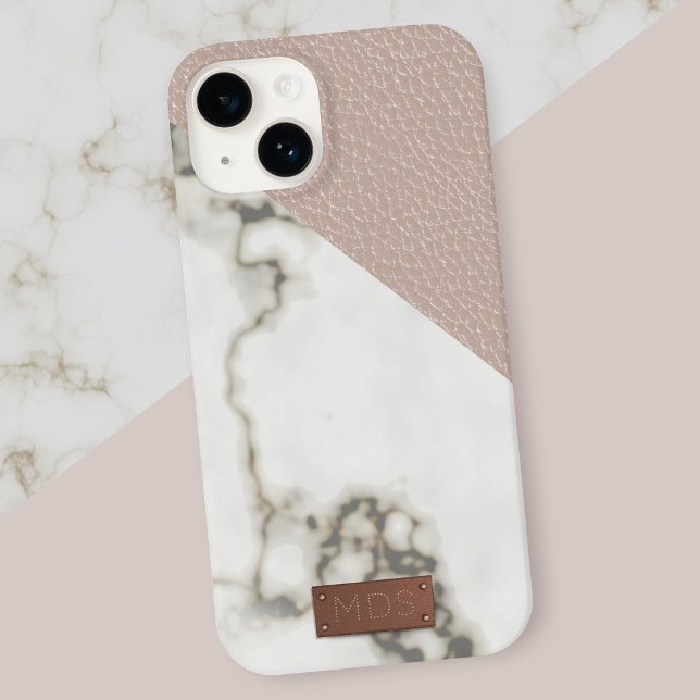 Imitate Blush Leather Marmor Case-Mate iPhone Hülle (A modern geometric blush pink faux leather look with white marble. Just add your initials)